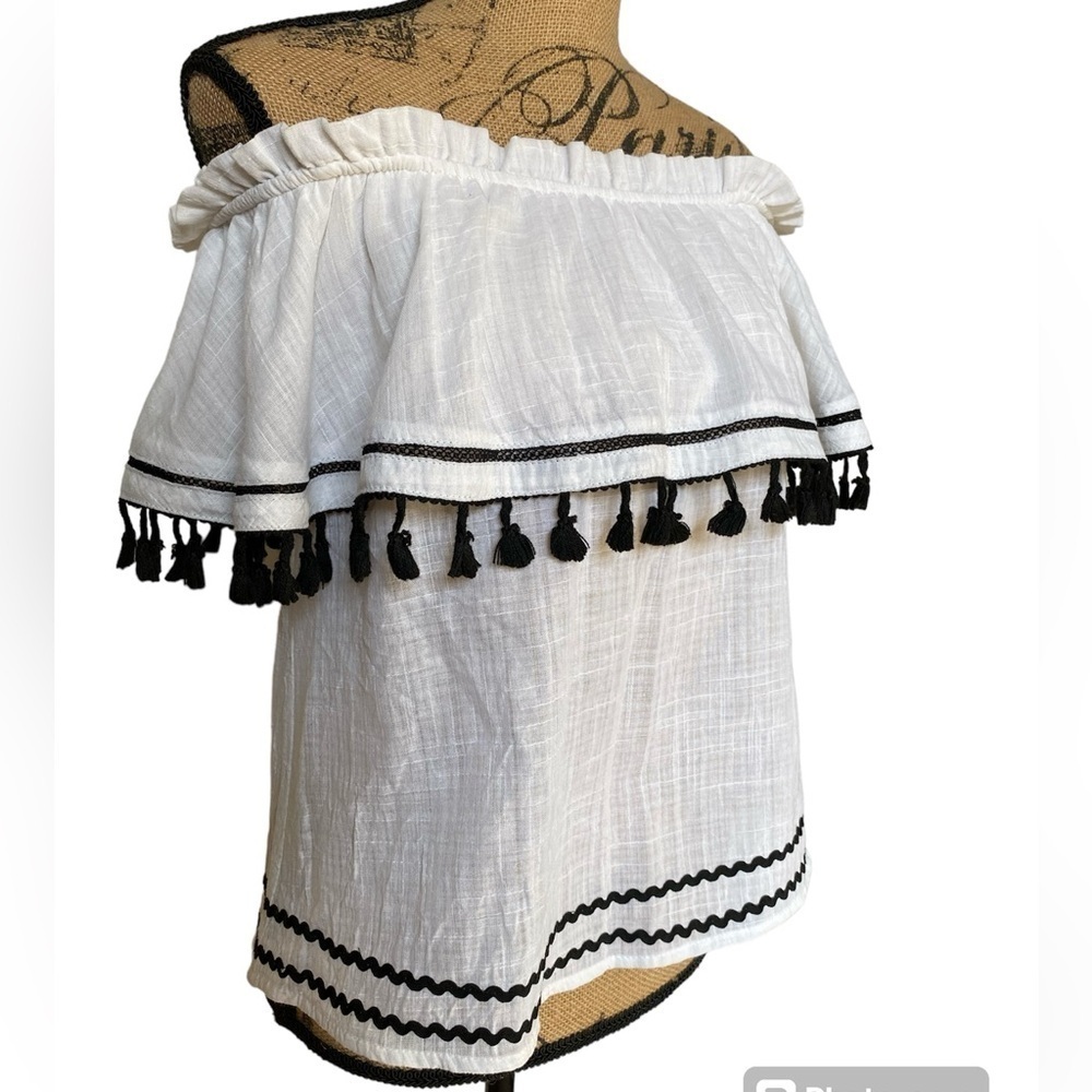 Miss Love Boho Boutique Black White Tassel Off The Shoulder Summer Top Small